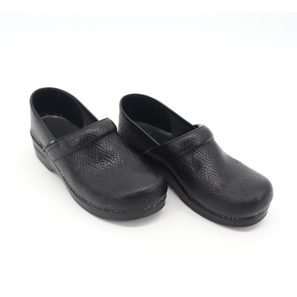 Dansko Women's Black Leather Woven Paten Mule Clogs Sz 41 / 10.5